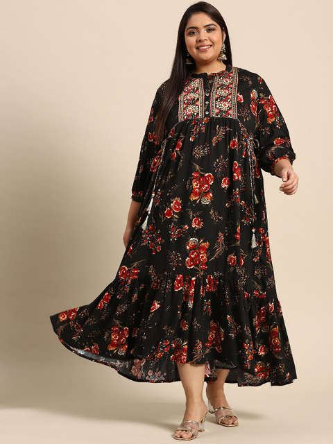

RANGMAYEE Black & Red Floral Liva Ethnic A-Line Midi Dress
