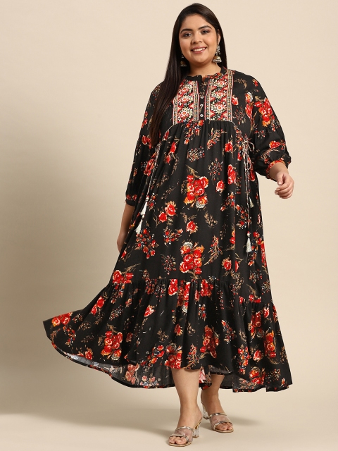 

RANGMAYEE Black & Red Floral Liva Ethnic A-Line Maxi Dress