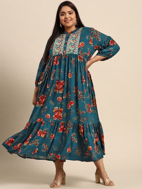 

RANGMAYEE Blue & Red Floral Liva Ethnic A-Line Maxi Dress