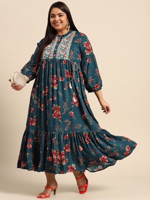 

RANGMAYEE Blue & Red Floral Liva Ethnic A-Line Maxi Dress