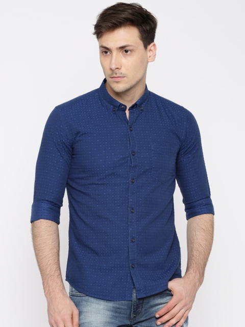 

SELA Men Navy Blue Self-Design Casual Shirt