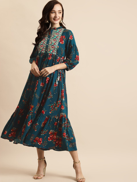 

RANGMAYEE Blue & Red Floral Liva Ethnic A-Line Maxi Dress