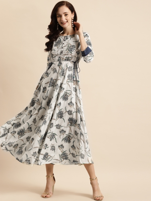 

RANGMAYEE White & Blue Floral Liva Ethnic A-Line Maxi Dress