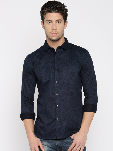 

SELA Men Navy Blue Printed Casual Shirt