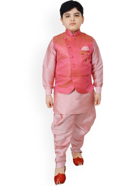 

SG YUVRAJ Boys Pink Regular Raw Silk Kurta with Pyjamas & Nehru Jacket