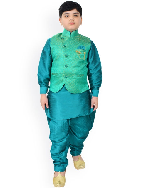 

SG YUVRAJ Boys Teal Regular Raw Silk Kurta with Pyjamas & Nehru Jacket