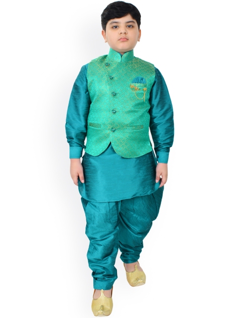 

SG YUVRAJ Boys Teal Regular Raw Silk Kurta with Pyjamas & Nehru Jacket