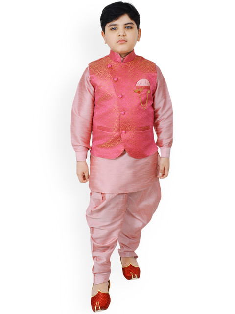 

SG YUVRAJ Boys Pink Regular Raw Silk Kurta with Pyjamas & Nehru Jacket