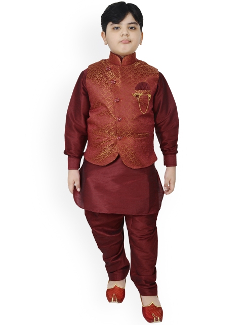 

SG YUVRAJ Boys Maroon Regular Raw Silk Kurta with Pyjamas & Nehru Jacket