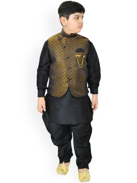 

SG YUVRAJ Boys Black Regular Raw Silk Kurta with Pyjamas & Nehru Jacket
