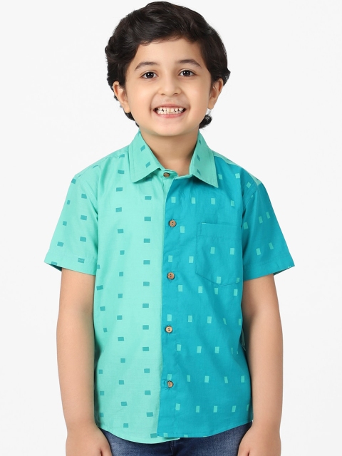 

Fabindia Boys Teal Blue & Green Opaque Colourblocked Cotton Casual Shirt