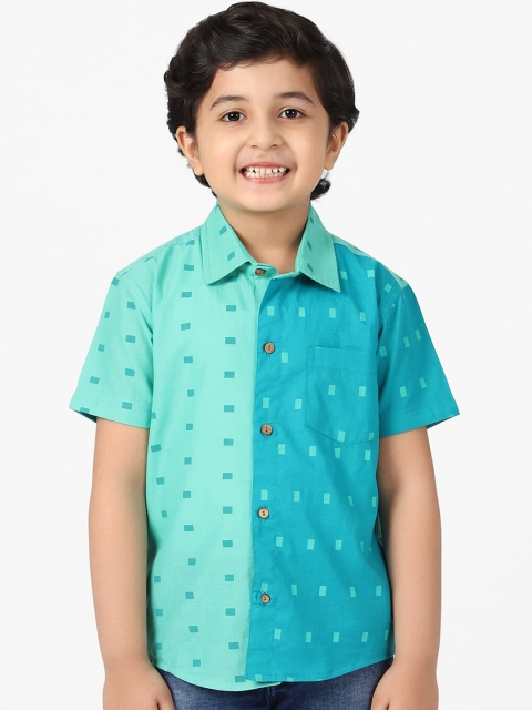 

Fabindia Boys Teal Blue & Green Opaque Colourblocked Cotton Casual Shirt