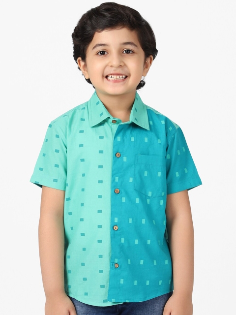 

Fabindia Boys Blue & Green Colourblocked Opaque Printed Casual Shirt, Teal