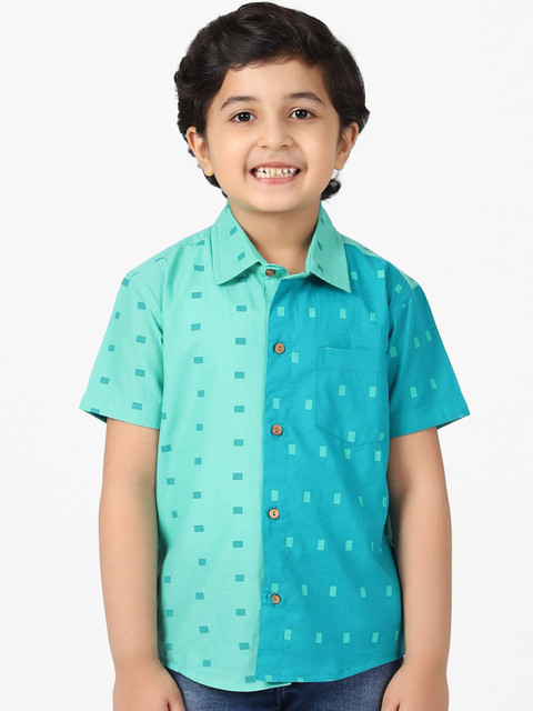 

Fabindia Boys Green & Blue Colourblocked Opaque Printed Casual Shirt