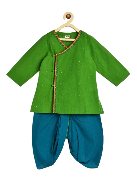 

Fabindia Boys Green Ethnic Motifs Embroidered Angrakha Pure Cotton Kurta with Dhoti Pants