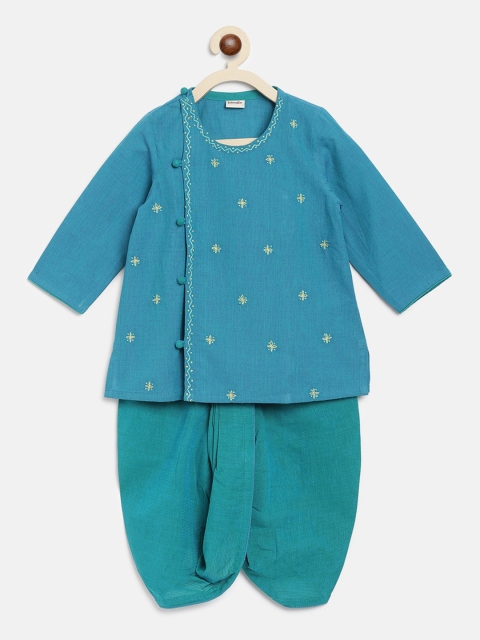 

Fabindia Boys Teal Floral Embroidered Angrakha Pure Cotton Kurta with Dhoti Pants