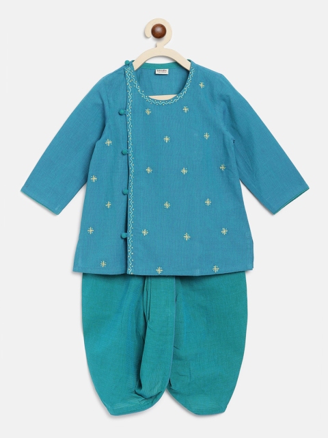 

Fabindia Boys Blue Floral Embroidered Angrakha Pure Cotton Kurta with Dhoti Pants