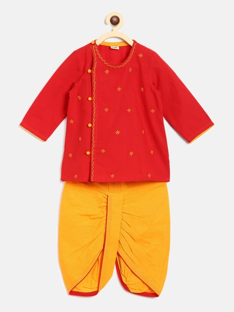 

Fabindia Boys Red Floral Embroidered Angrakha Pure Cotton Kurta with Dhoti Pants