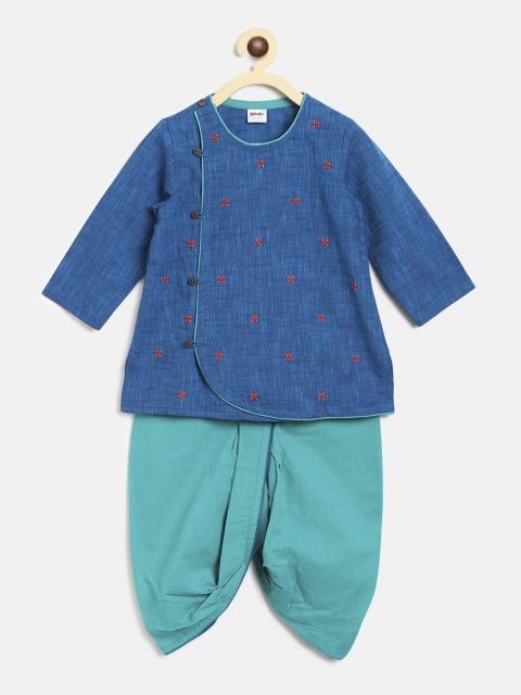 

Fabindia Boys Blue Floral Embroidered Angrakha Pure Cotton Kurta with Dhoti Pants