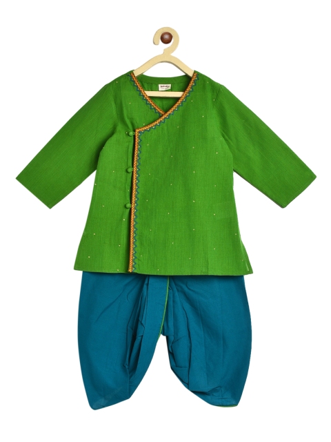 

Fabindia Boys Green Embroidered Angrakha Pure Cotton Kurta with Dhoti Pants