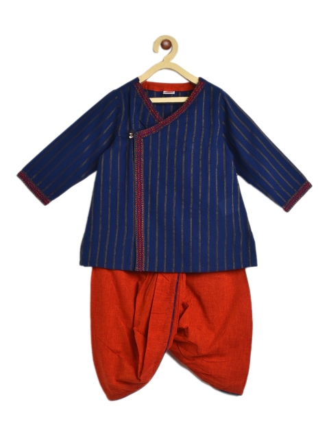 

Fabindia Boys Navy Blue Striped Angrakha Pure Cotton Kurta with Dhoti Pants