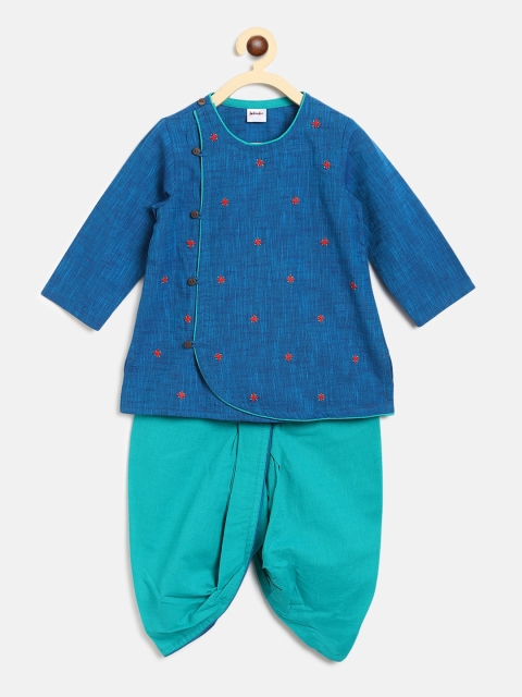 

Fabindia Boys Blue Floral Embroidered Angrakha Pure Cotton Kurta with Dhoti Pants