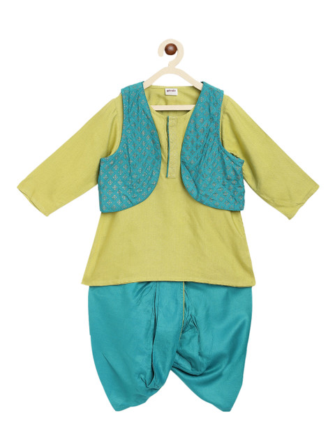 

Fabindia Boys Lime Green Regular Kurta with Dhoti Pants & Waistcoat