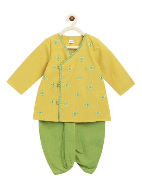 

Fabindia Boys Lime Green Floral Embroidered Angrakha Pure Cotton Kurta with Dhoti Pants