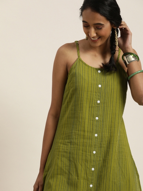 

Taavi Women Green & Blue Striped Woven Legacy Pure Cotton Sustainable Shoulder Strap Kurta