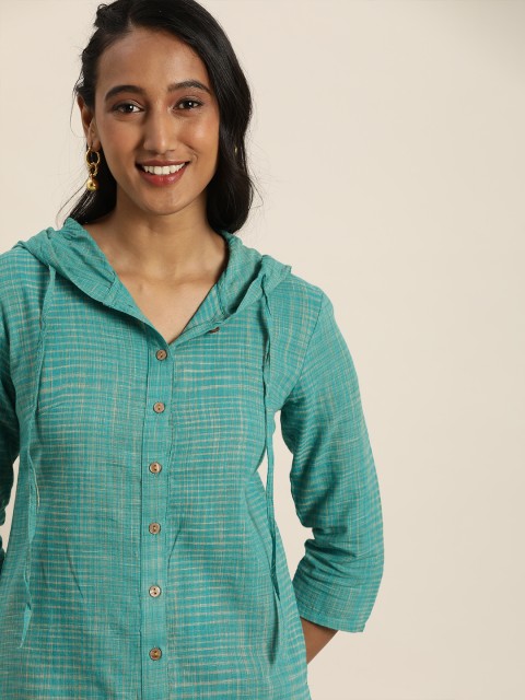 

Taavi Women Blue Striped Woven Legacy Kurta with Hood Detail