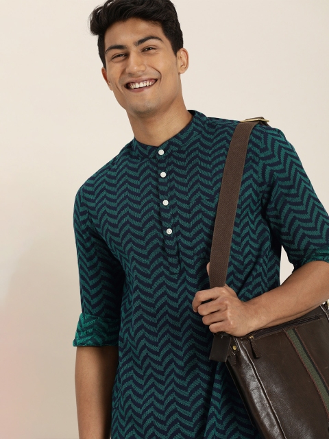 

Taavi Men Navy Blue & Green Printed Woven Legacy Pure Cotton Straight Kurta