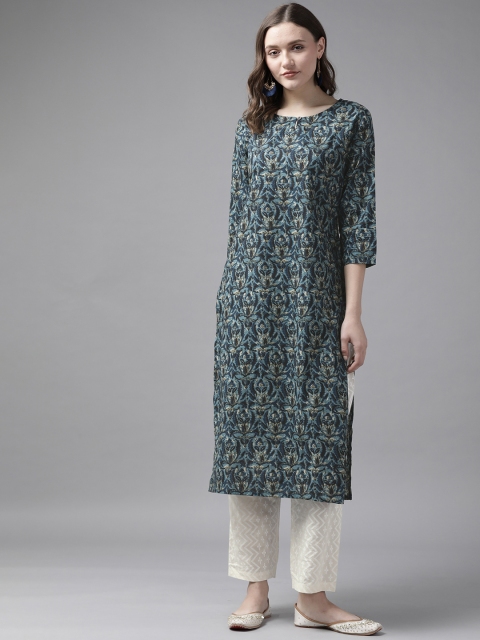 

Yufta Women Blue & White Ethnic Motifs Printed Pure Cotton Kurta with Trousers