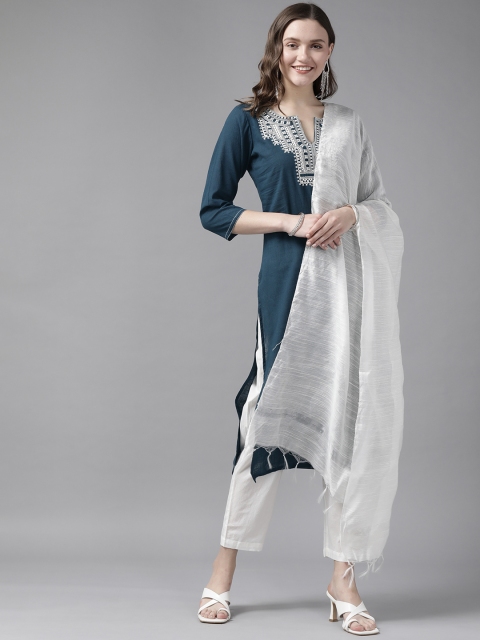 

Yufta Women Teal Blue & White Embroidered Yoke Design Kurta with Trousers & Dupatta