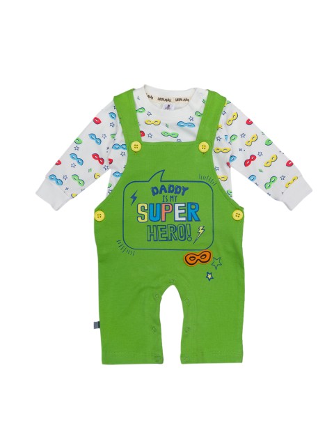 

Little Folks Infant Boys Green & Blue Graphic Printed Cotton Dungarees With T-Shirt