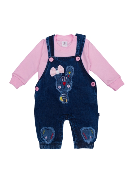 

Little Folks Infant Kids Blue & Pink Printed Cotton Denim Dungarees