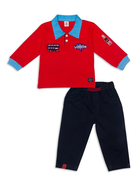 

Little Folks Unisex Kids Red & Navy Blue Printed Pure Cotton T-shirt with Trousers