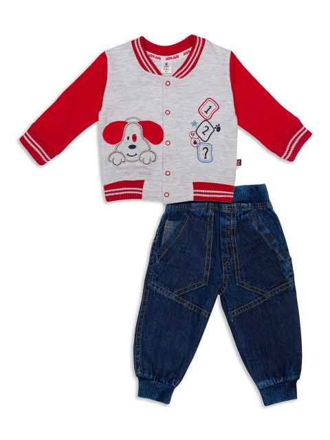 

Little Folks Unisex Kids Grey & Red Printed Pure Cotton T-shirt with Trousers