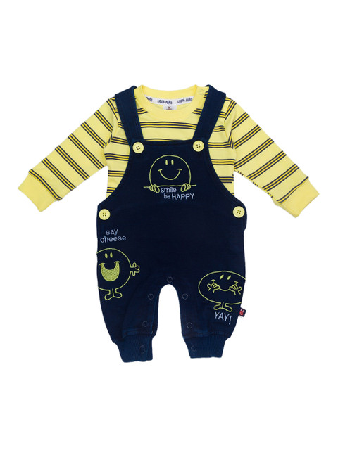 

Little Folks Infant Kids Yellow & Navy-Blue Embroidered Cotton Dungaree With T-Shirt