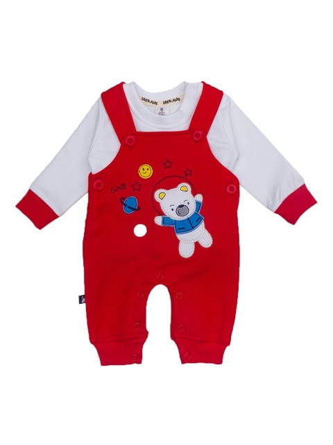

Little Folks Infant Kids Red & White Graphic Printed Cotton Dungarees With T-Shirt
