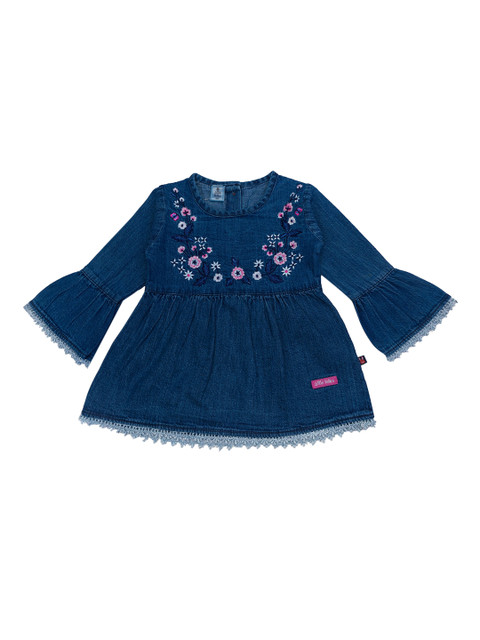 

Little Folks Girls Blue Floral Embroidered Cotton Denim Dress