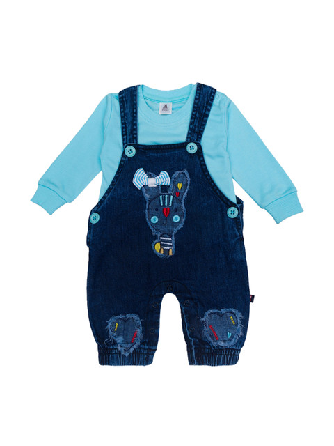 

Little Folks Unisex Kids Blue Applique Cotton Denim Dungarees With T-Shirt