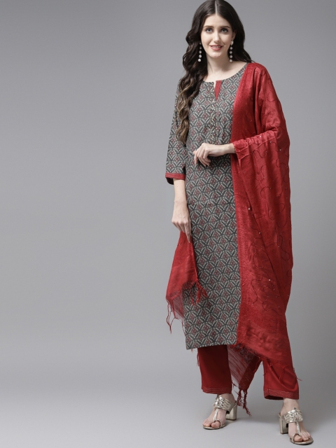 

Yufta Women Grey Ethnic Motifs Printed Regular Sequinned Pure Cotton Kurta with Palazzos & With Dupatta