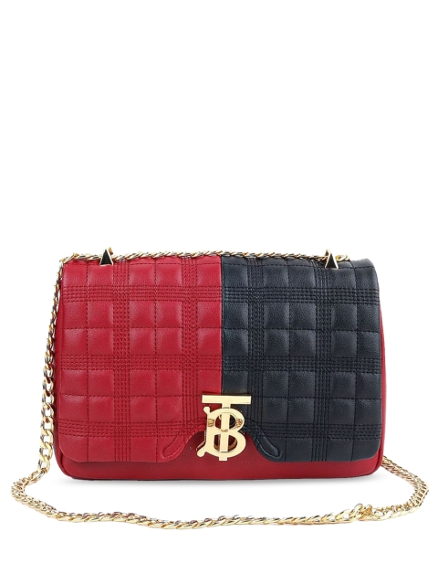 

ODETTE Red & Navy Blue Colourblocked Leather Structured Sling Bag with Quilted