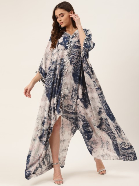 

KHUMAAR Shuchi Bhutani Blue & White Tie and Dye Dyed Georgette Kaftan Maxi Dress
