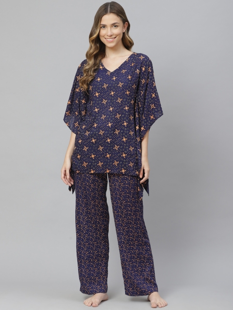 

Cottinfab Women Navy Blue & Beige Printed Night suit