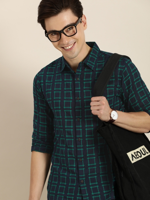 

Taavi Men Navy Blue & Green Woven Legacy Pure Cotton Sustainable Casual Shirt