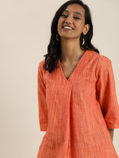 

Taavi Women Orange Striped Woven Legacy A-Line Top With Flared Sleeves