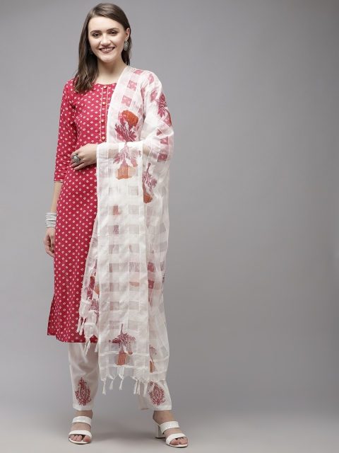 

Yufta Women Magenta Bandhani Printed Regular Thread Work Pure Cotton Kurta with Palazzos & With Dupatta