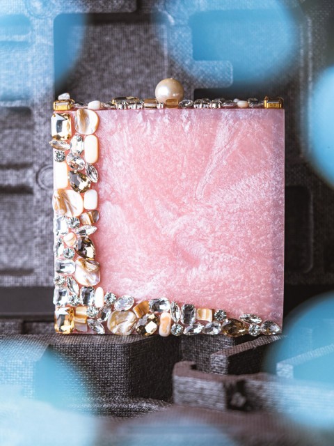 

NR By Nidhi Rathi Pink & Grey Embellished Box Clutch