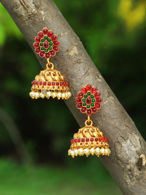 

Adwitiya Collection Gold-Toned & Red Dome Shaped Jhumkas Earrings